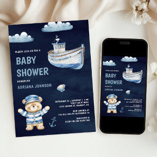 Knuffel Teddybeer Zeilboot Marine Babyshower Kaart
