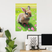 Knuffelachtig baby konijn in een bloemenweide  poster (Thuiskantoor)
