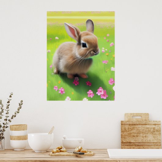 Knuffelachtig baby konijn in een bloemenweide  poster (Keuken)