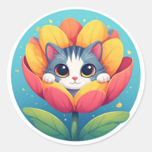 Knuffelachtig Kitten Genesteld in een Bloeiende Bl Ronde Sticker