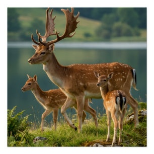 Knuffelachtige herten en kalfjes bij meer in bos n perfect poster