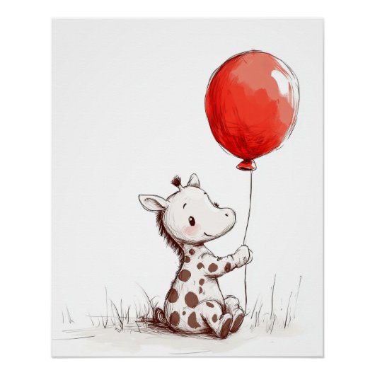 Knuffelbare baby-giraffe met rode ballon perfect poster (Voorkant)