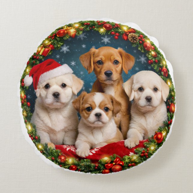 Knuffelbare Puppy Kerst Ronde Kussen (Voorkant)