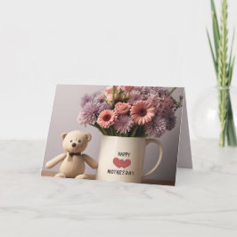 Knuffelbeer, Bloemen & Koffiemok Moederdagkaart Feestdagen Kaart