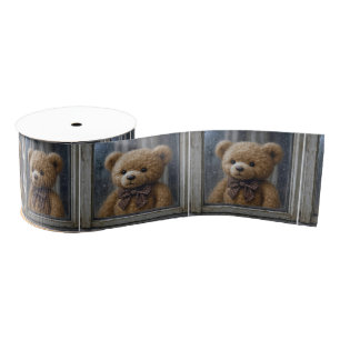 Knuffelbeer die uit een regenachtig raam staart grosgrain lint