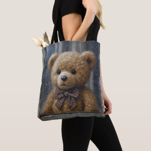 Knuffelbeer die uitkijkt over een regenachtig raam tote bag