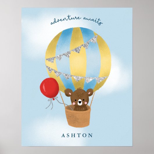 Knuffelbeer in hete luchtballon blauw poster (Voorkant)