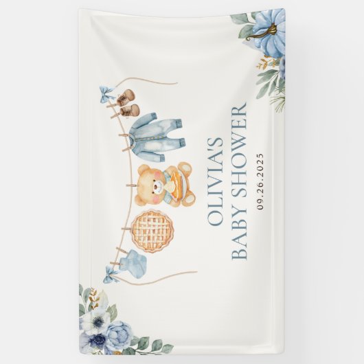 Knuffelbeer Jongens Baby Shower met Blauwe Herfst Spandoek (Verticaal)