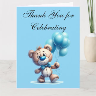 Knuffelbeer met blauwe ballonnen bedankkaart