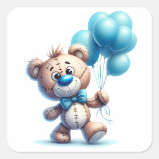 Knuffelbeer met blauwe ballonnen vierkante sticker