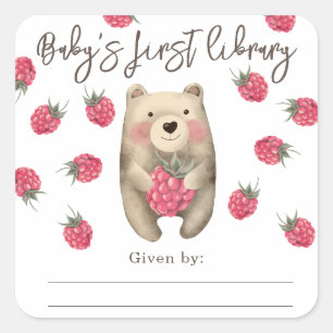 Knuffelbeer met framboos - baby's eerste bibliothe vierkante sticker
