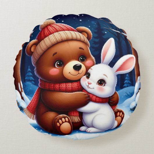Knuffelbeer met Konijn Rond Kussen (Voorkant)
