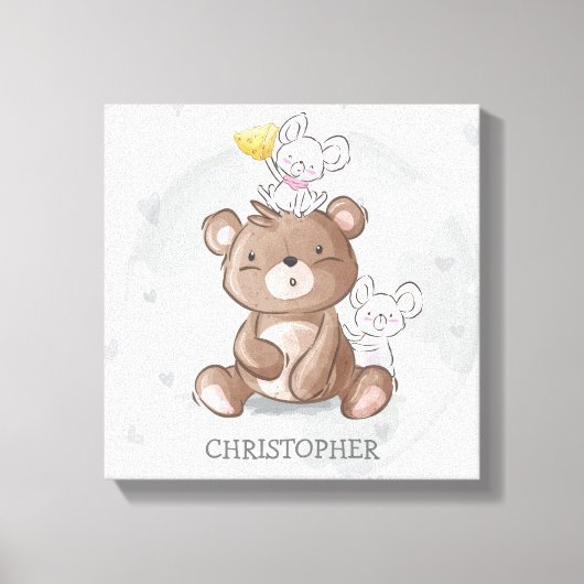 Knuffelbeer met muizen jongens nursery canvas afdruk (Voorkant)