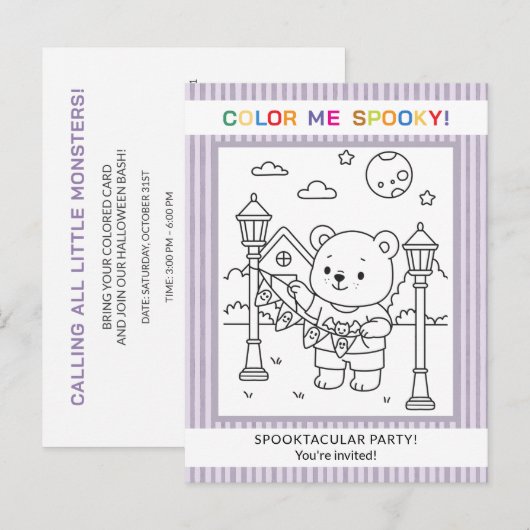 Knuffelbeer & Spoken Halloween Kleur Uitnodiging (Voorkant / Achterkant)