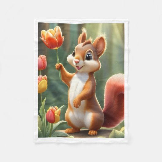 Knuffeldekent met eekhoorn die tulp vasthoudt fleece deken (Voorkant)