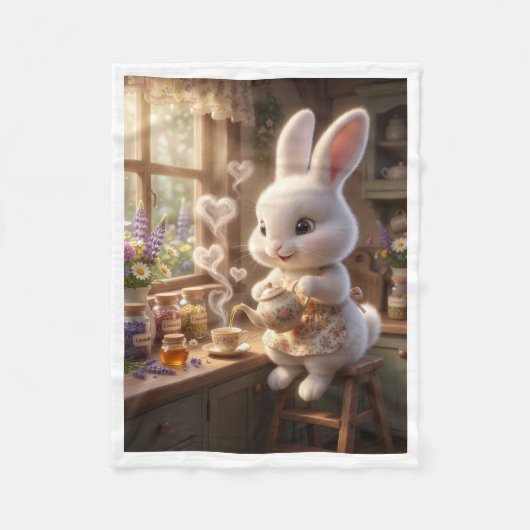 Knuffeldekent met Schattig Konijn dat Thee Schenkt Fleece Deken (Voorkant)