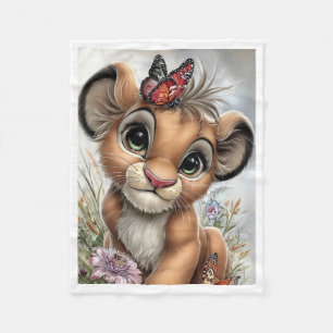 Knuffeldekentje met lief leeuwenwelpje en vlinder fleece deken