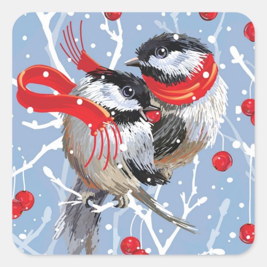 Knuffelen Chickadees Kerstmis Vierkante Sticker (Voorkant)