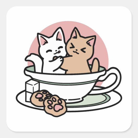 Knuffelen Katten in een kopje - Schattige theetijd Vierkante Sticker (Voorkant)