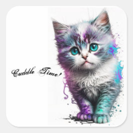 Knuffelend Blue-Eyed Kitten Sticker, Waterverf Art Vierkante Sticker