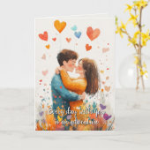 Knuffelend paar en harten Valentijnsdag Beige Kaart (Gele Bloem)