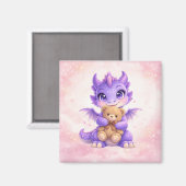 Knuffelende Baby Draak met Teddybeer Vierkante Mag Magneet (Voorkant / Achterkant)
