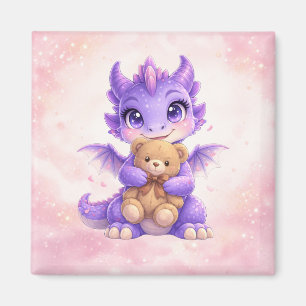 Knuffelende Baby Draak met Teddybeer Vierkante Mag Magneet