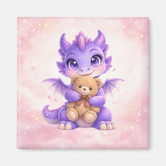 Knuffelende Baby Draak met Teddybeer Vierkante Mag Magneet (Voorkant)