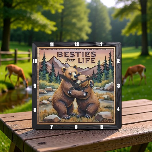 Knuffelende beren rivierbos vierkante klok