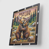 Knuffelende beren rivierbos vierkante klok (Hoek)