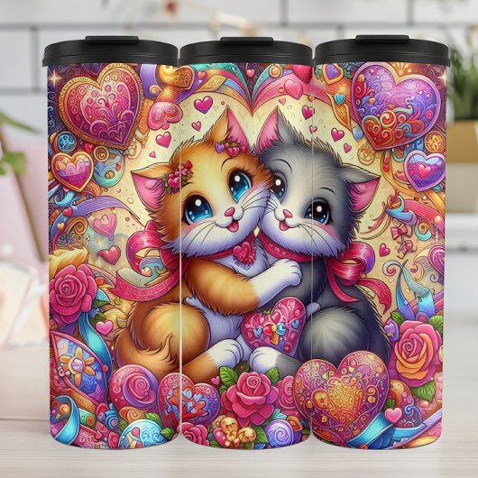 Knuffelende Kittens Hart Bloemen Thermosbeker