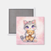 Knuffelende Kitty met Teddibeer Vierkante Magneet (Voorkant / Achterkant)