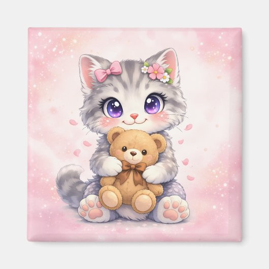 Knuffelende Kitty met Teddibeer Vierkante Magneet (Voorkant)