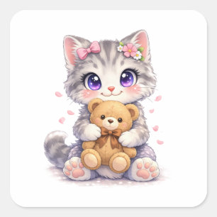 Knuffelende Schattige Kitten met Teddybeer Vierkan Vierkante Sticker