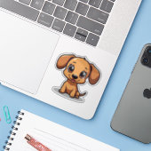 Knuffelende teckel, grote, heldere ogen, kleine sticker (Laptop met iPhone)