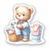 Knuffelende teddybeer opvouwen van wasgoed sticker (Voorkant)