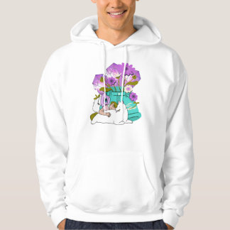 Knuffelende witte hond en kristallen denim bloemen hoodie
