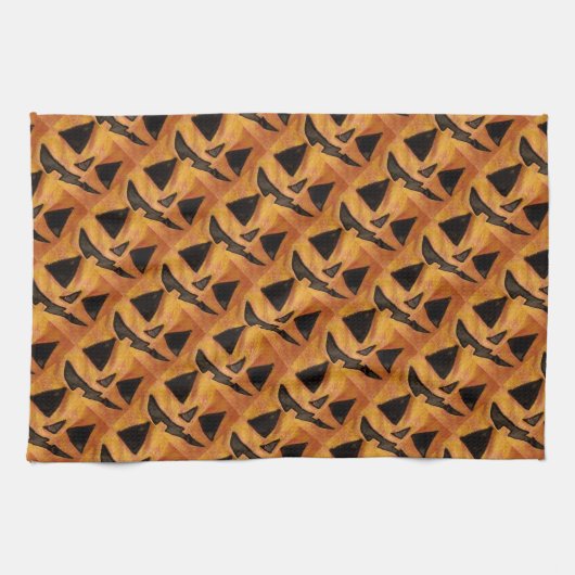 Knuffelig gekantelde glimlach Jack-O-Lantern keuke Theedoek (Horizontaal)