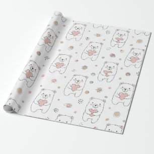 Knuffelige Beer en Hartjes -- Pastelkleurige Kinde Cadeaupapier