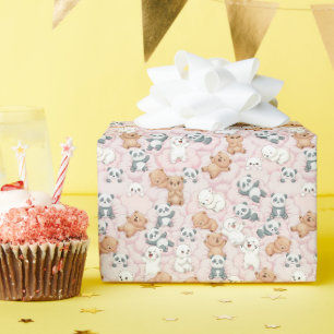 Knuffelige beren en panda's op roze wolken Naadloo Cadeaupapier
