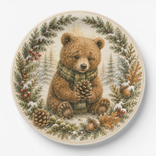 Knuffelige bosbeer winterverjaardag papieren bordje