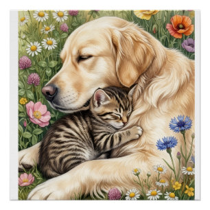 Knuffelige Gouden Hond En Kitten In Bloemen Fleece Perfect Poster