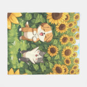 Knuffelige Kat en Hond Zonnebloem Fleece Deken (Voorkant (Horizontaal))