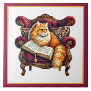 Knuffelige kat leeshoek bibliotheek boekenliefhebb tegeltje