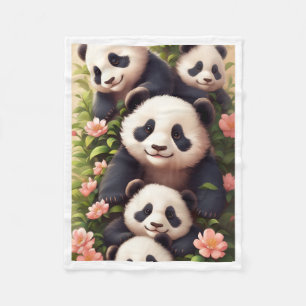 Knuffelige Pandafamilie met Roze Bloemen Fleece De Deken