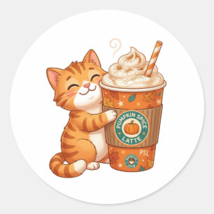 Knuffelige Pumpkin Spice Latte Kat Cozy Herfst Hal Ronde Sticker