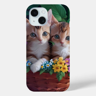Knuffelige Schattigee Kittens in een bloemmand iPhone 15 Case