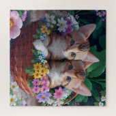 Knuffelige Schattigee Kittens in een bloemmand Legpuzzel (Horizontaal)