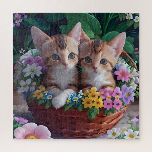 Knuffelige Schattigee Kittens in een bloemmand Legpuzzel (Verticaal)