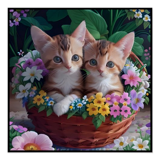 Knuffelige Schattigee Kittens in een bloemmand Perfect Poster (Voorkant)